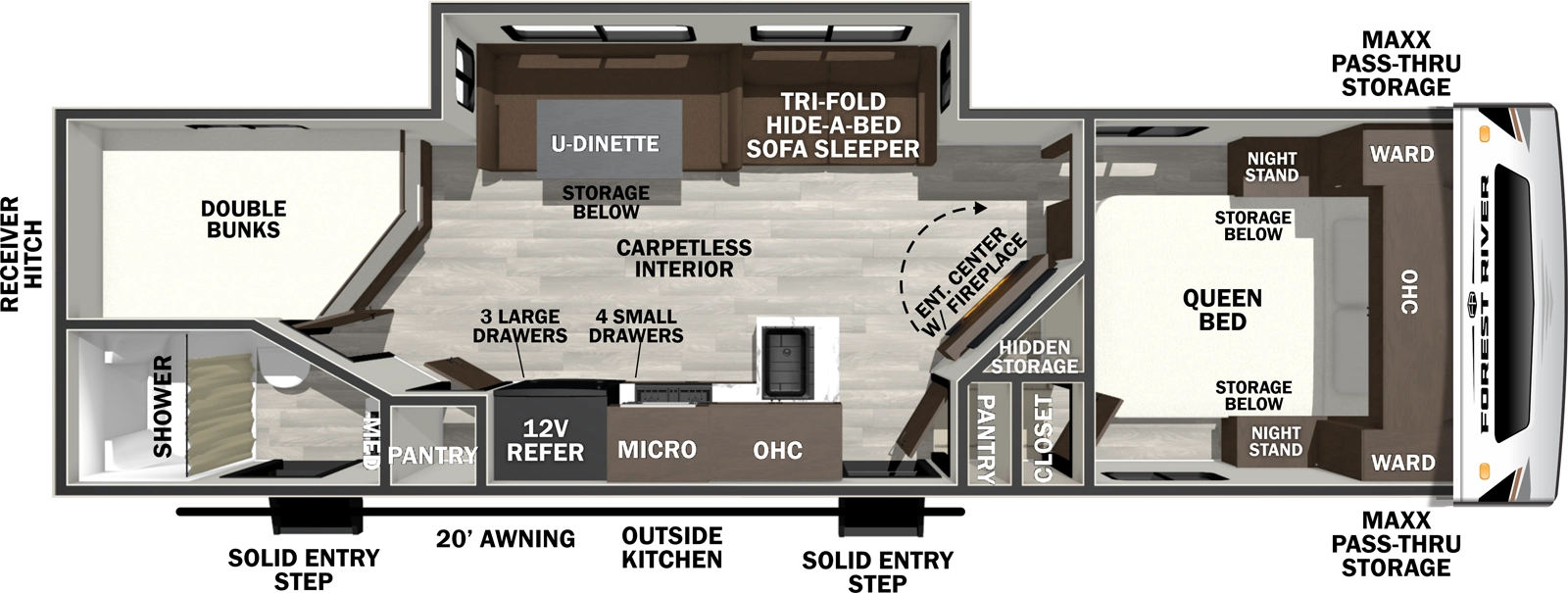 The Wildcat Travel Trailers 261DBEDS floorplan has two entries and one slide out. Exterior features include: fiberglass exterior, 20' awning and outside kitchen. Interiors features include: bunk beds, u-dinette and front bedroom.